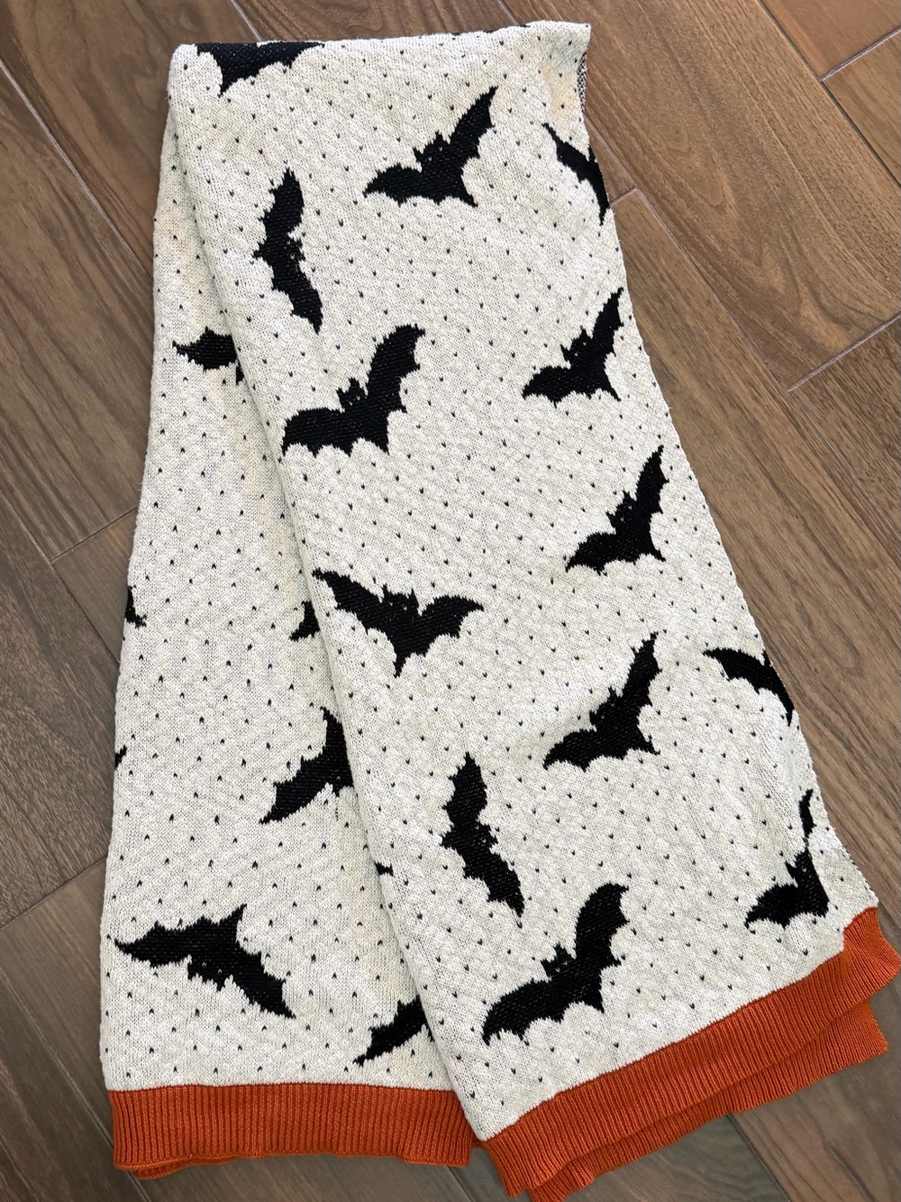 Halloween Bat Knit Throw Blanket in White, Black & Orange Trim
